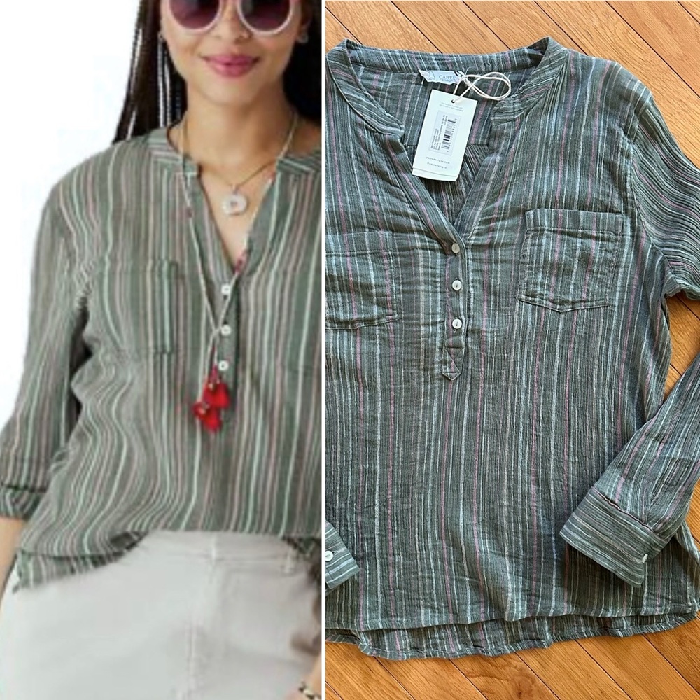 Carve Designs Dylan Gauze Shirt - Large - Cilantro Stripe